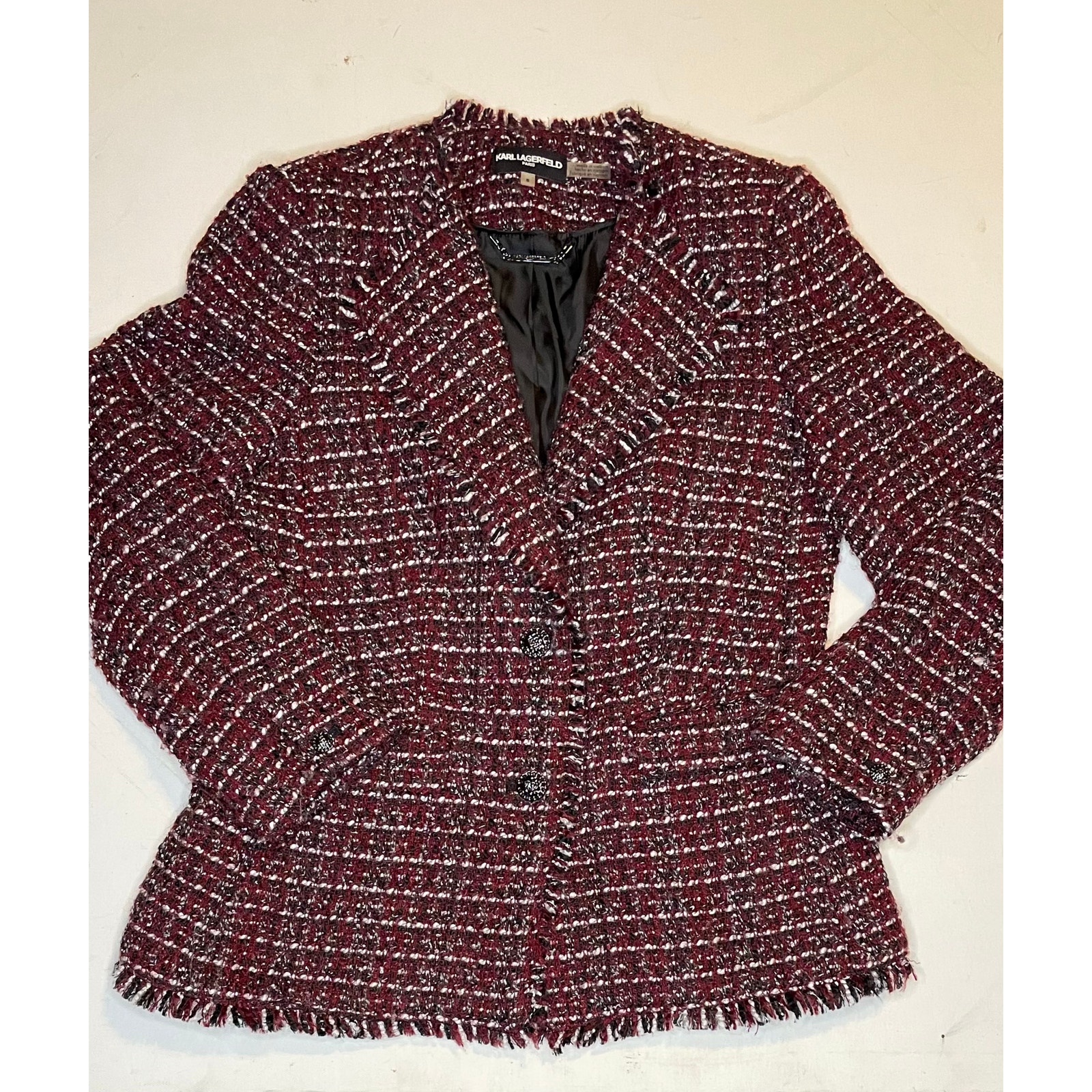 Karl Lagerfeld Paris Tweed Blazer Women Sz 6 Burgundy Black White Boucl Jacket